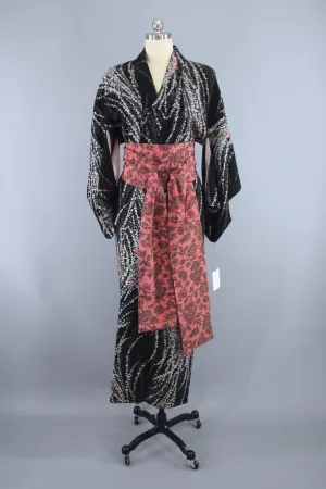 1940s Vintage Silk Kimono Robe / Black Silver Urushi Embroidery