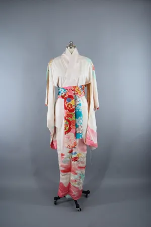 1960s Vintage Silk Kimono Robe Furisode in White Ombre Pink Clouds with Floral Embroidery