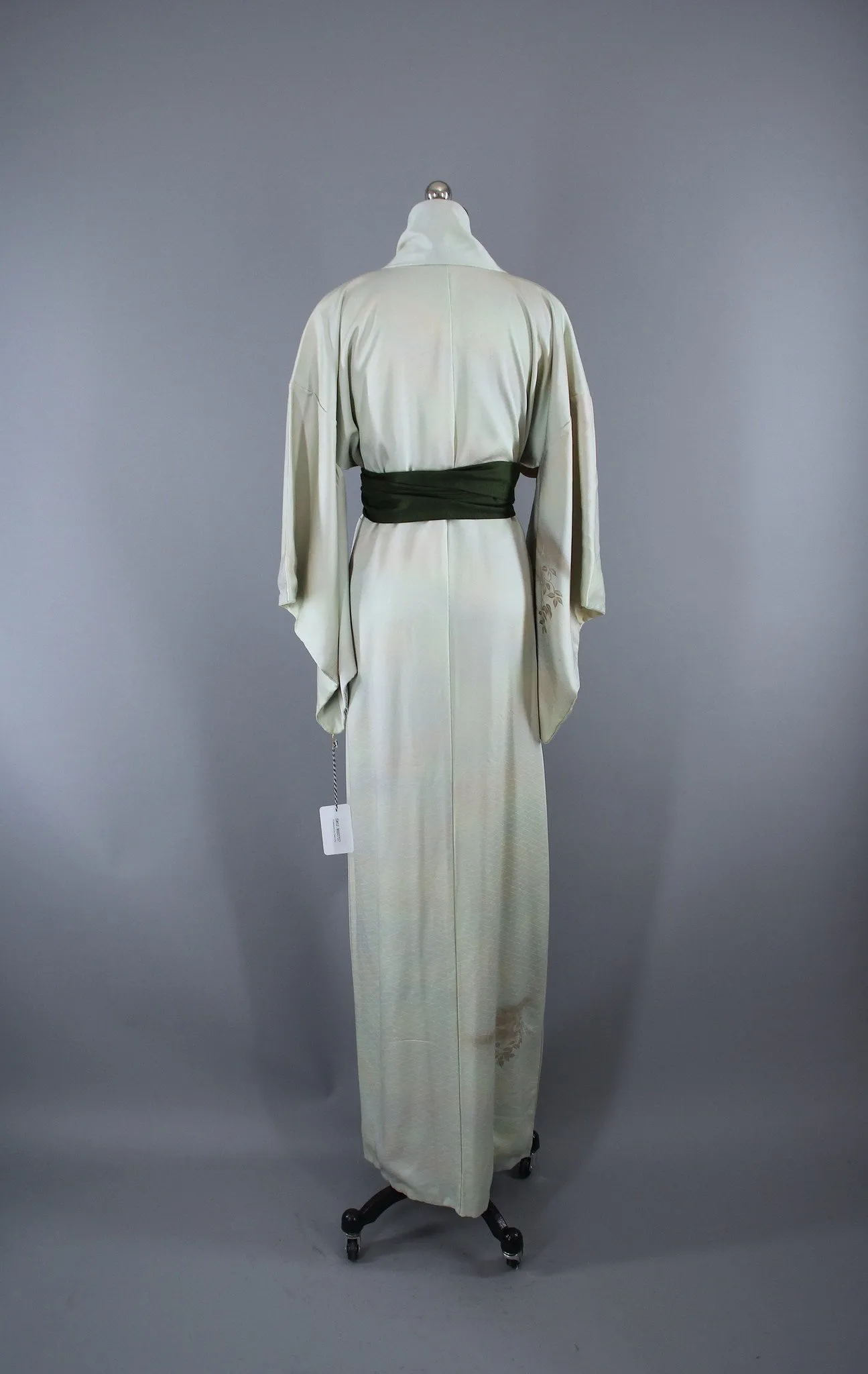 1960s Vintage Silk Kimono Robe / Green Platinum Embroidery