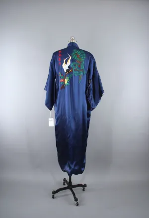 1970s Vintage Satin Kimono Robe with Embroidered Asian Crane Birds