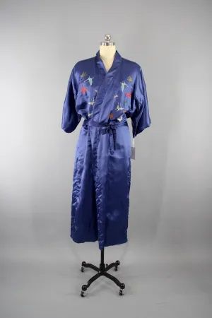 1970s Vintage Satin Kimono Robe with Embroidered Silk Butterflies