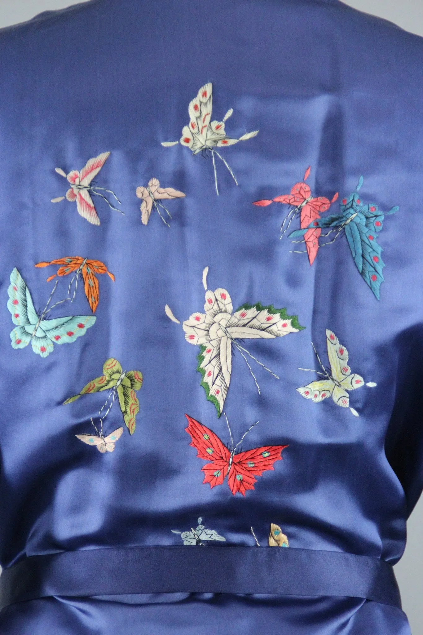 1970s Vintage Satin Kimono Robe with Embroidered Silk Butterflies