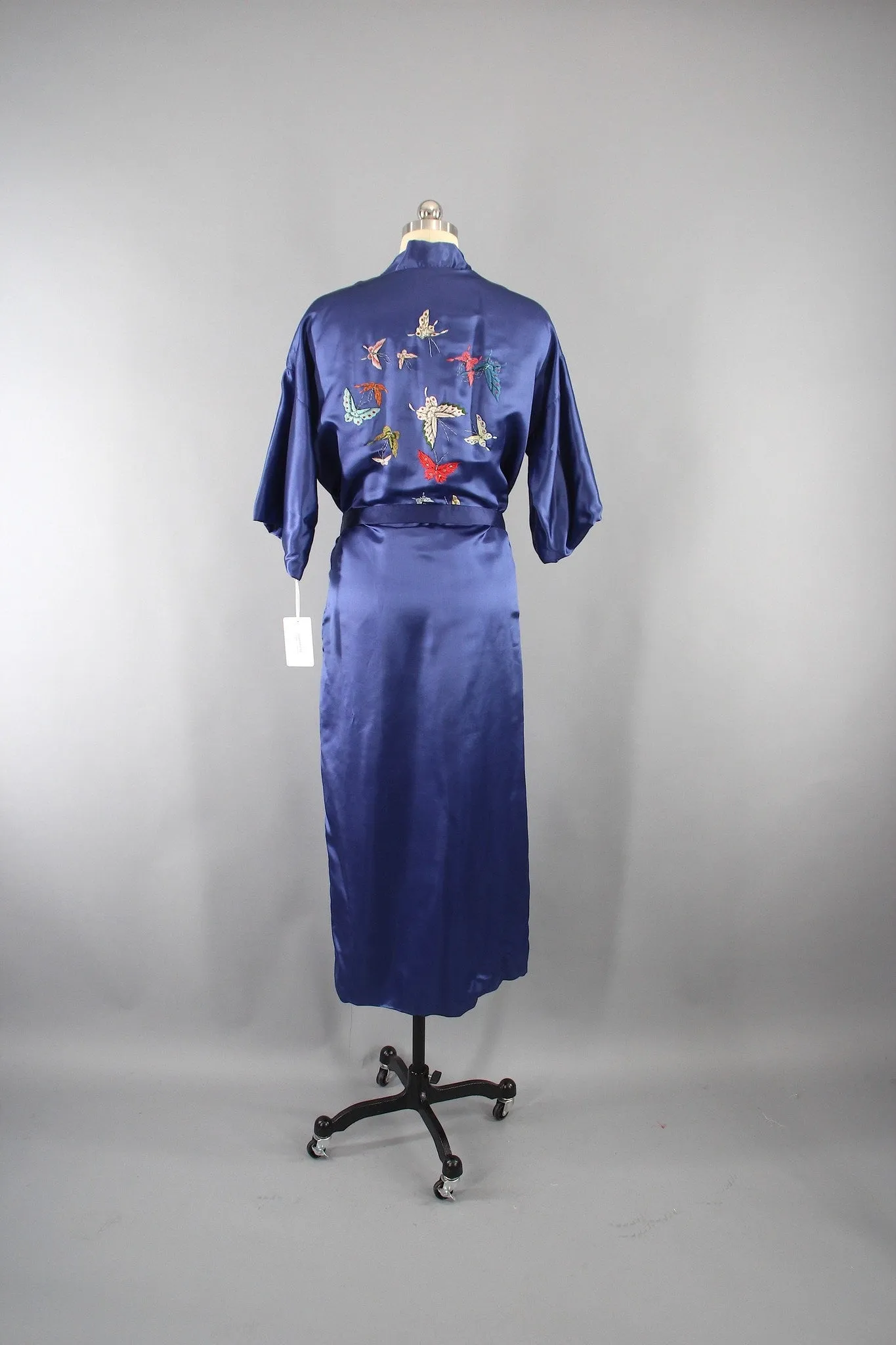 1970s Vintage Satin Kimono Robe with Embroidered Silk Butterflies