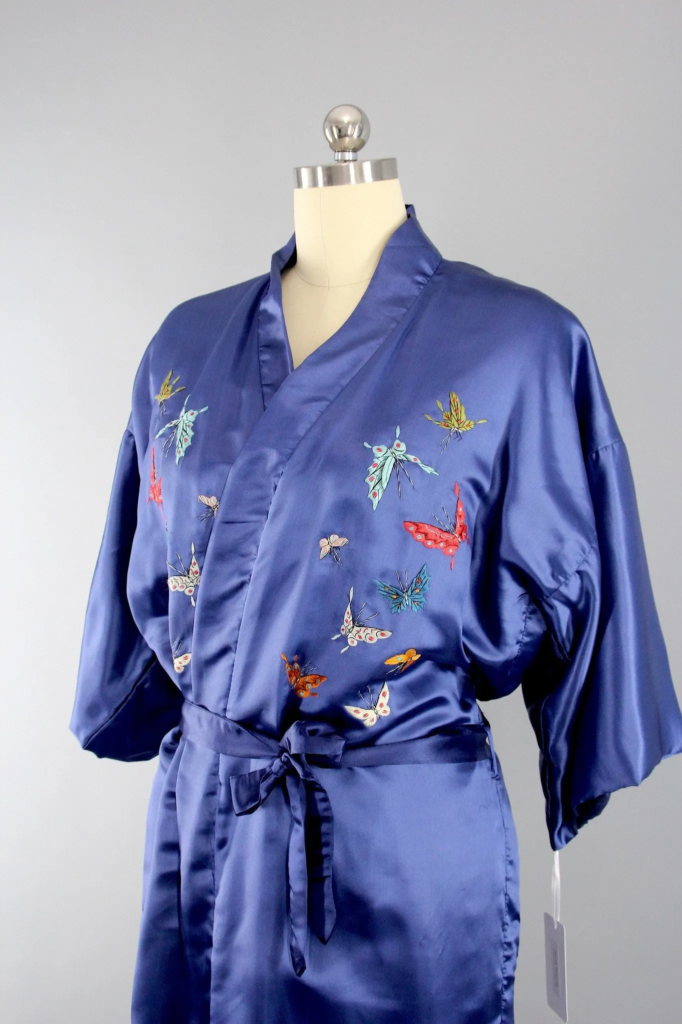 1970s Vintage Satin Kimono Robe with Embroidered Silk Butterflies