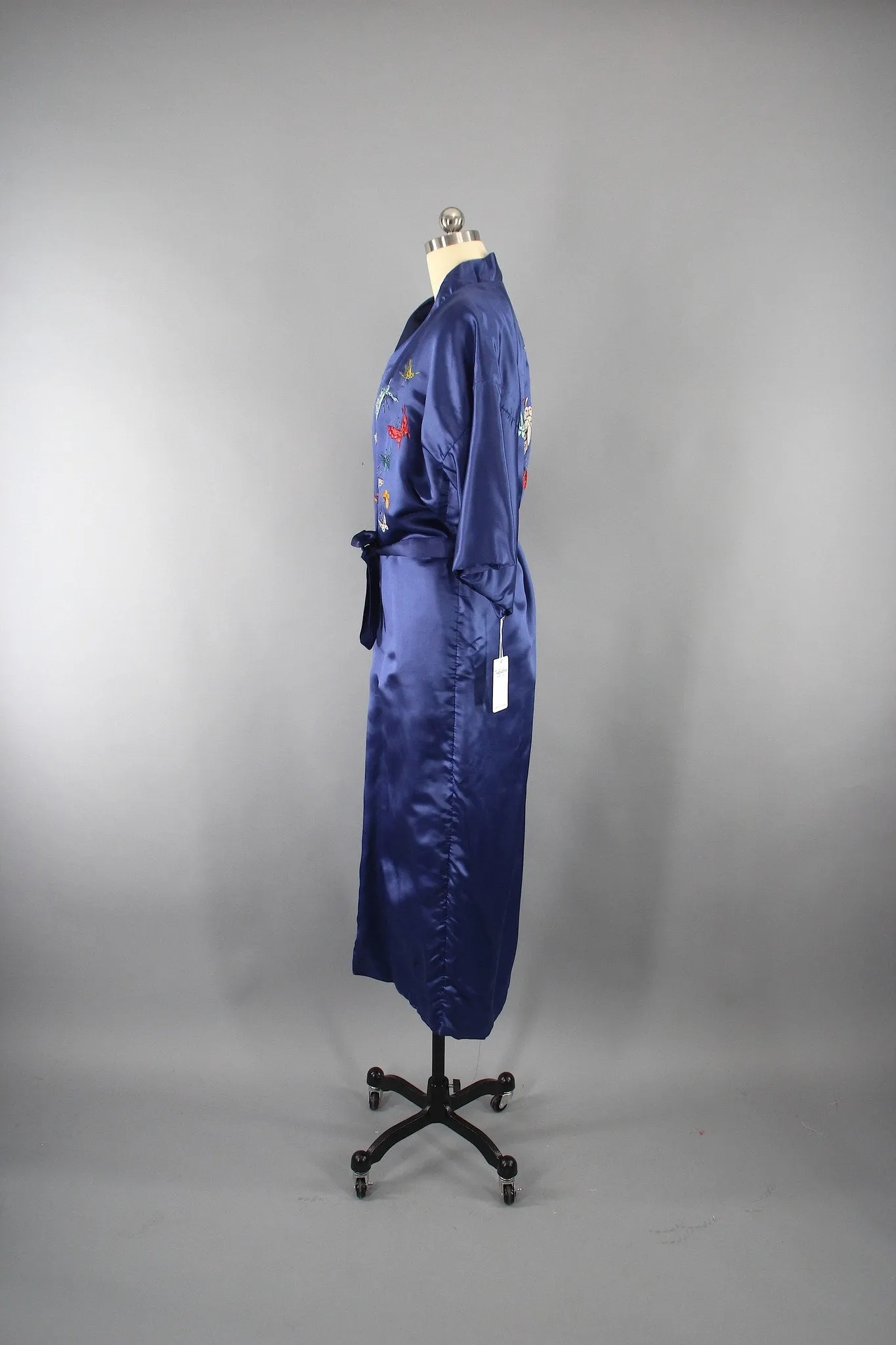 1970s Vintage Satin Kimono Robe with Embroidered Silk Butterflies
