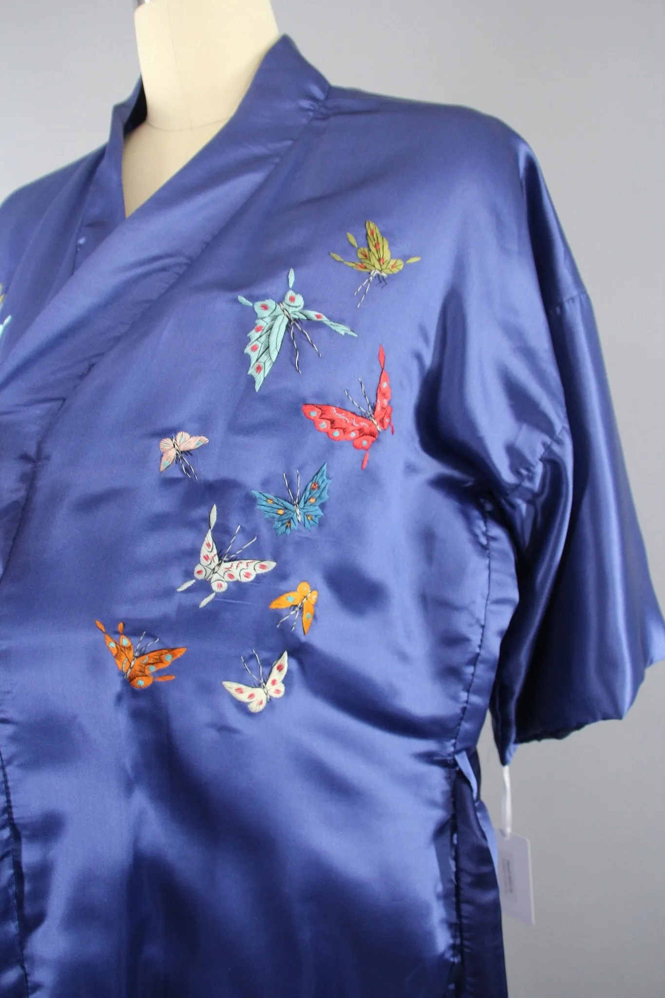 1970s Vintage Satin Kimono Robe with Embroidered Silk Butterflies