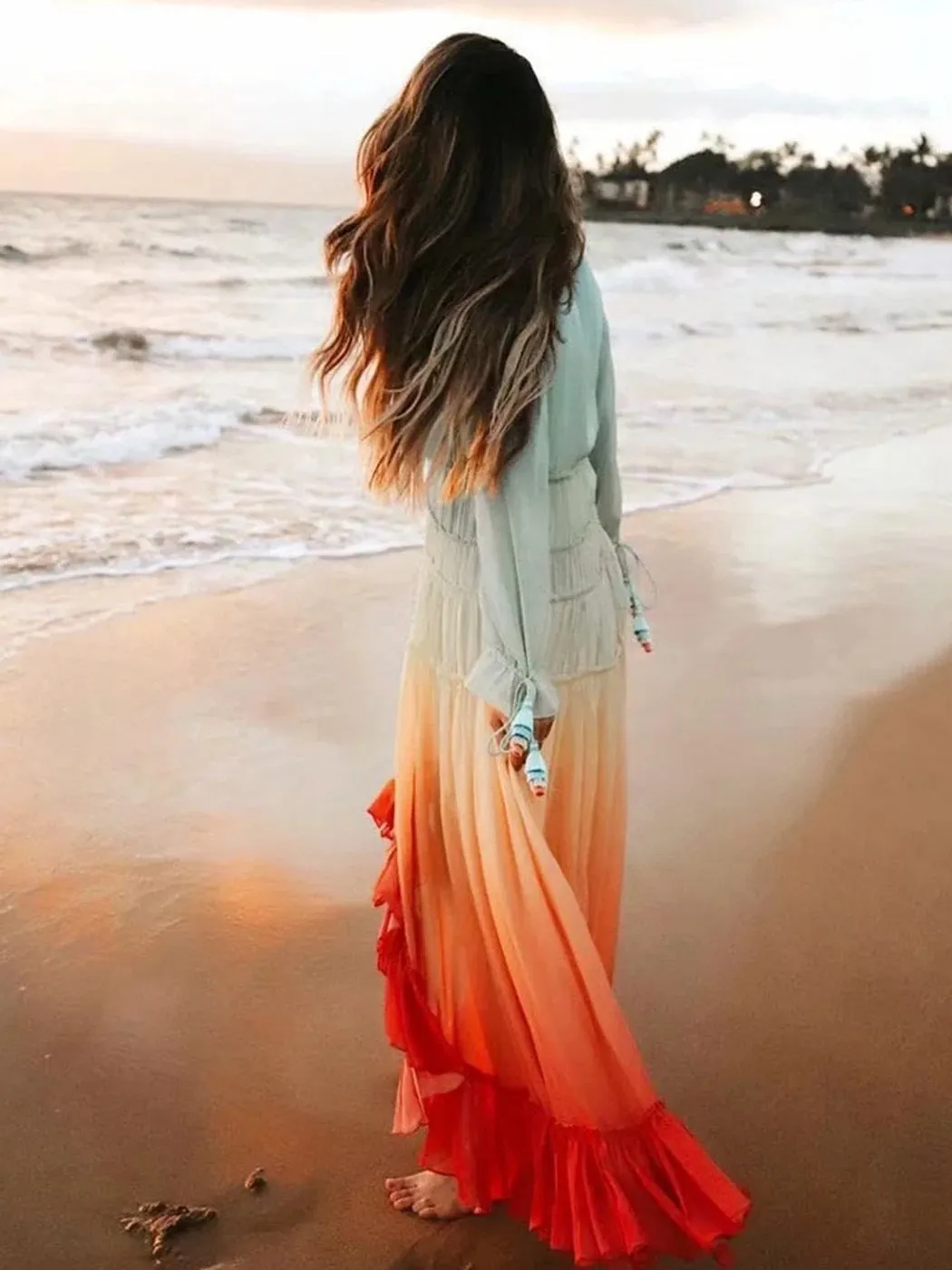 ASHORE SHOP Chic Rainbow High Low Dress Women V-Neck Tiered Ruffle Trim Summer Dresses Casual Beach Boho Dress Chiffon Long Vestidos