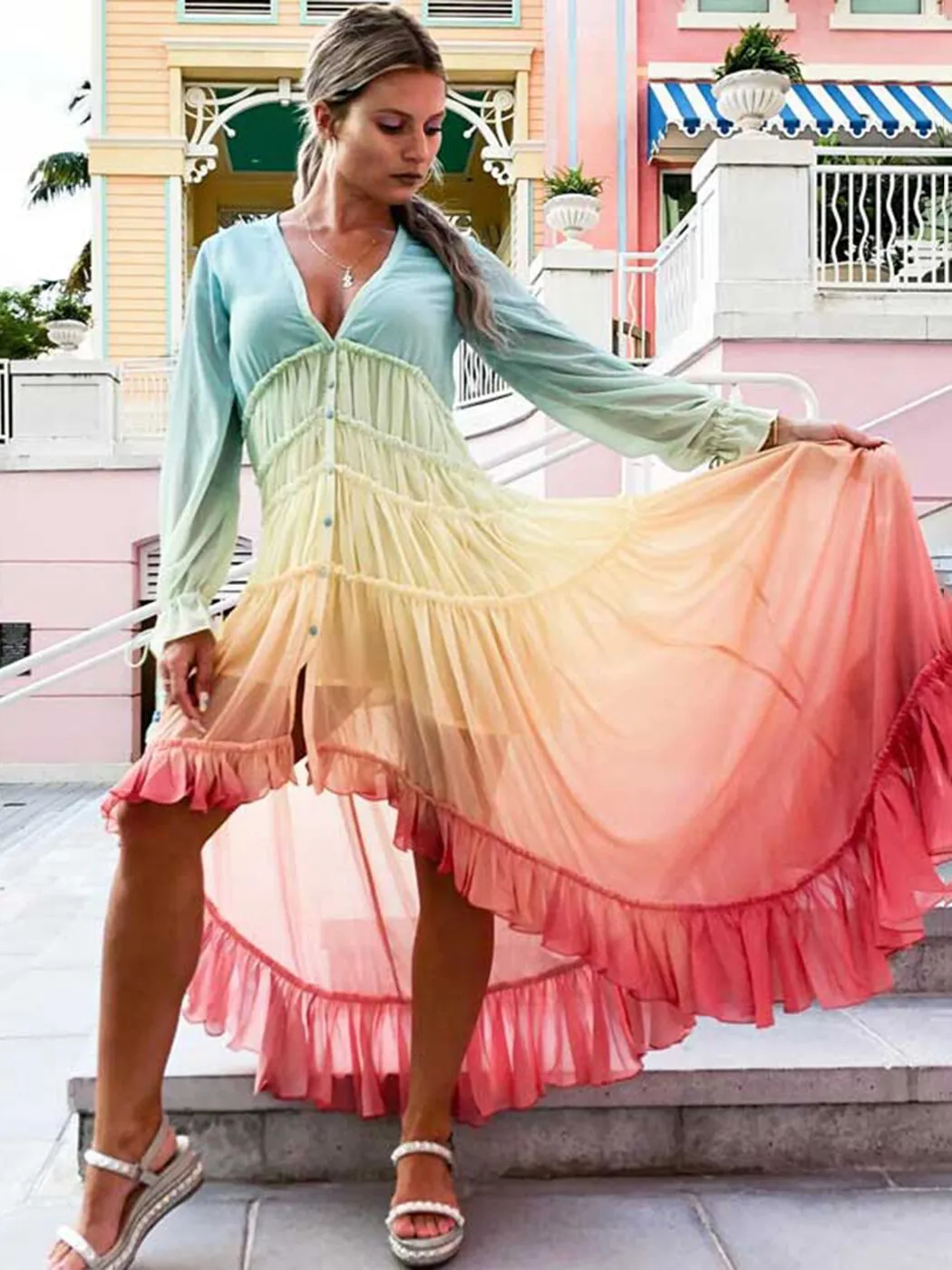 ASHORE SHOP Chic Rainbow High Low Dress Women V-Neck Tiered Ruffle Trim Summer Dresses Casual Beach Boho Dress Chiffon Long Vestidos