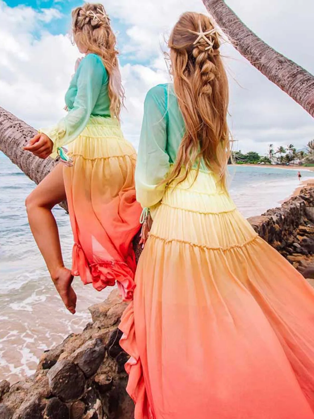 ASHORE SHOP Chic Rainbow High Low Dress Women V-Neck Tiered Ruffle Trim Summer Dresses Casual Beach Boho Dress Chiffon Long Vestidos