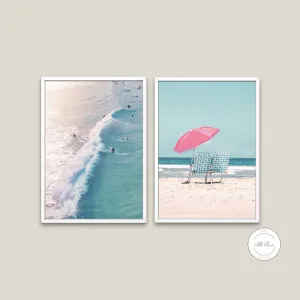 Beach Picture Set Of Two PRINTABLE WALL ART, Aerial Ocean Print, Coastal Wall Art, Pastel Beach Print, Blue Decor, Digital Download, Coastal Print Set, Surf Poster