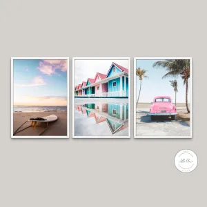 Beach Set Of 3 Tropical Prints INSTANT DOWNLOAD Art Prints, Coastal Wall Art, Pink Blue Beach Wall Art, Surfboard Print, Surfing Poster Pastel