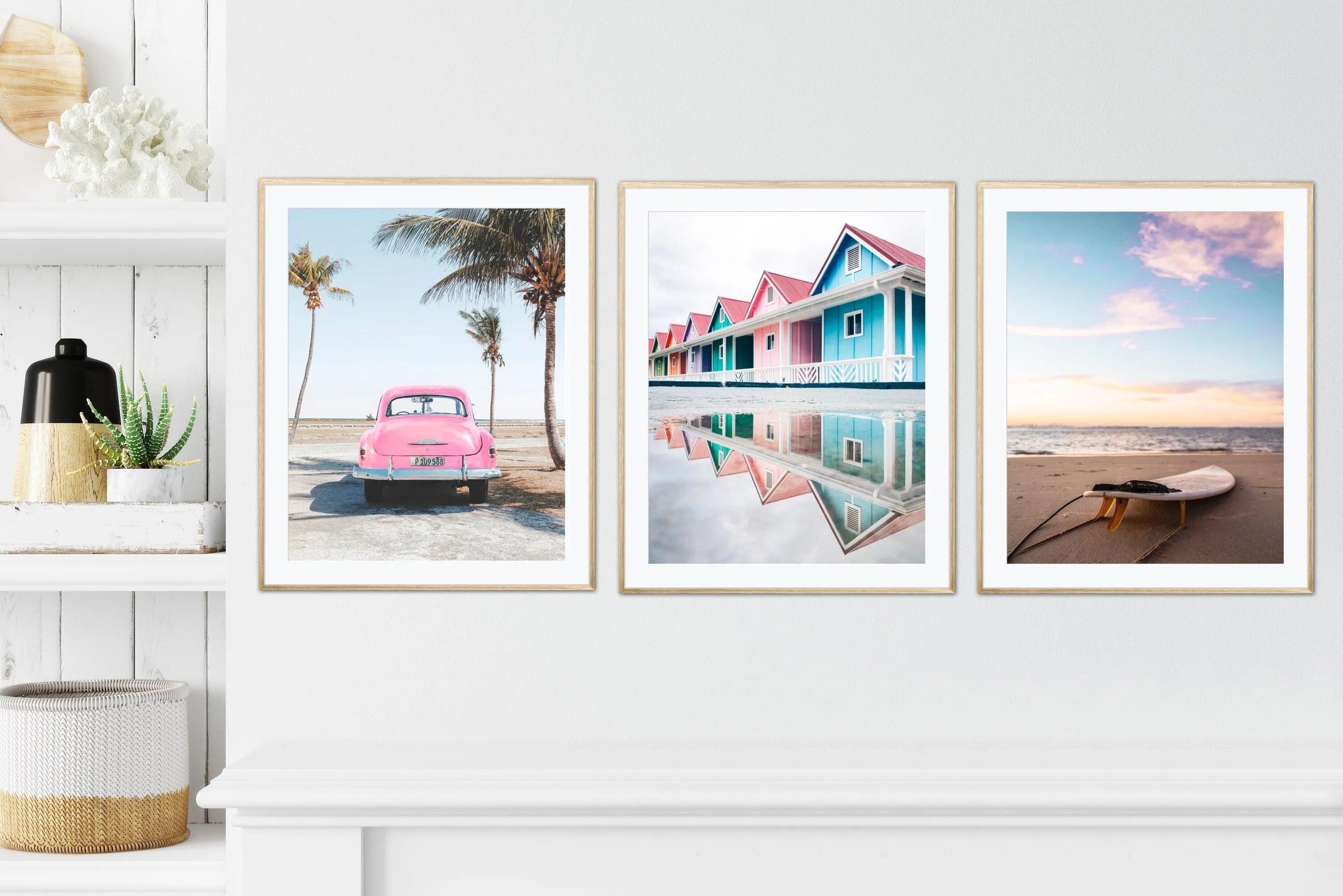 Beach Set Of 3 Tropical Prints INSTANT DOWNLOAD Art Prints, Coastal Wall Art, Pink Blue Beach Wall Art, Surfboard Print, Surfing Poster Pastel