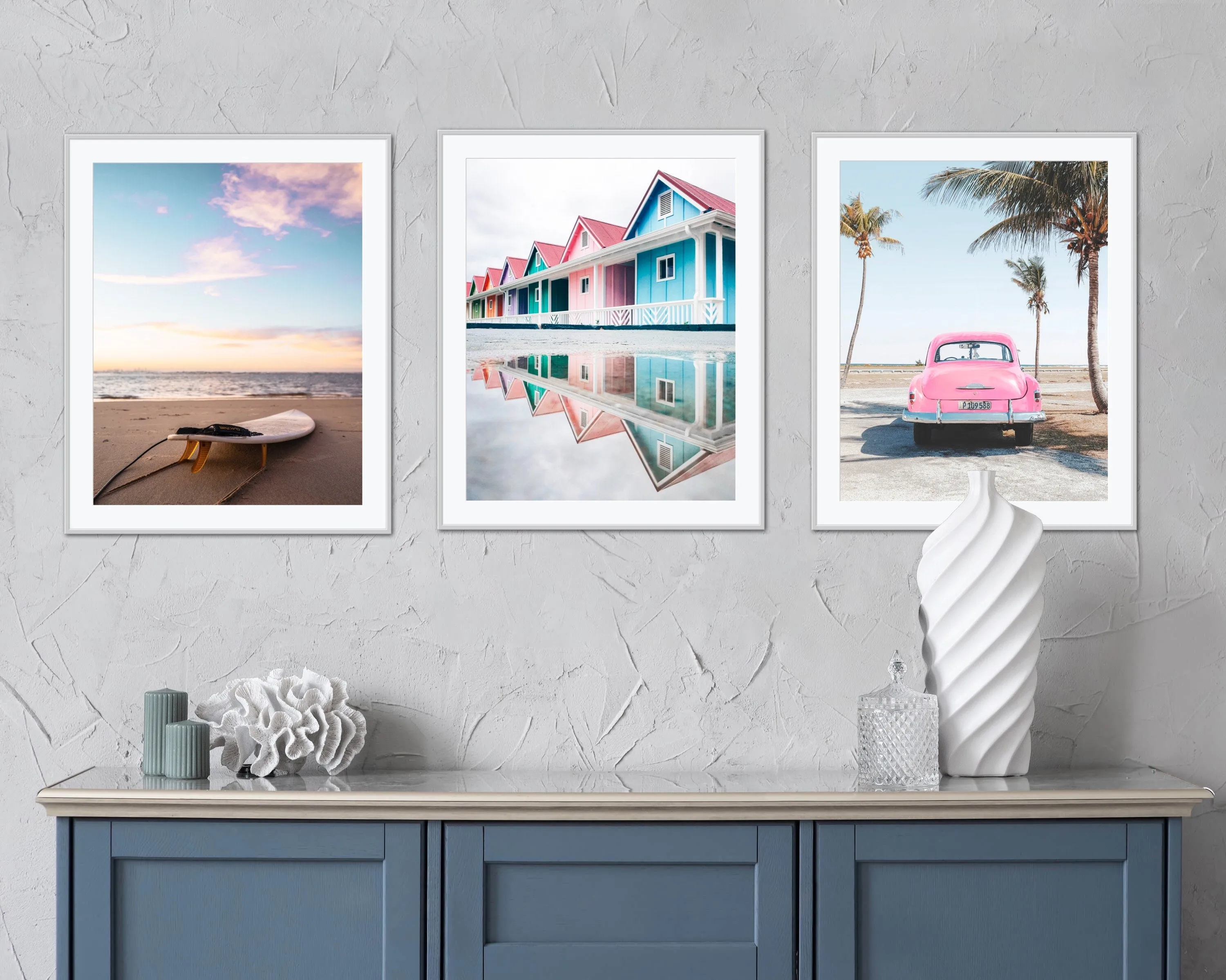 Beach Set Of 3 Tropical Prints INSTANT DOWNLOAD Art Prints, Coastal Wall Art, Pink Blue Beach Wall Art, Surfboard Print, Surfing Poster Pastel