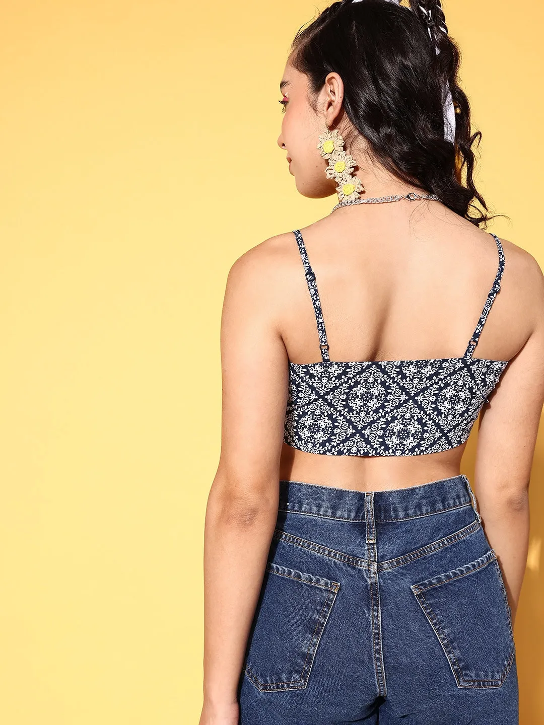 Berrylush Women Navy Blue & White Ethnic Printed Square Neck Crepe Crop Top