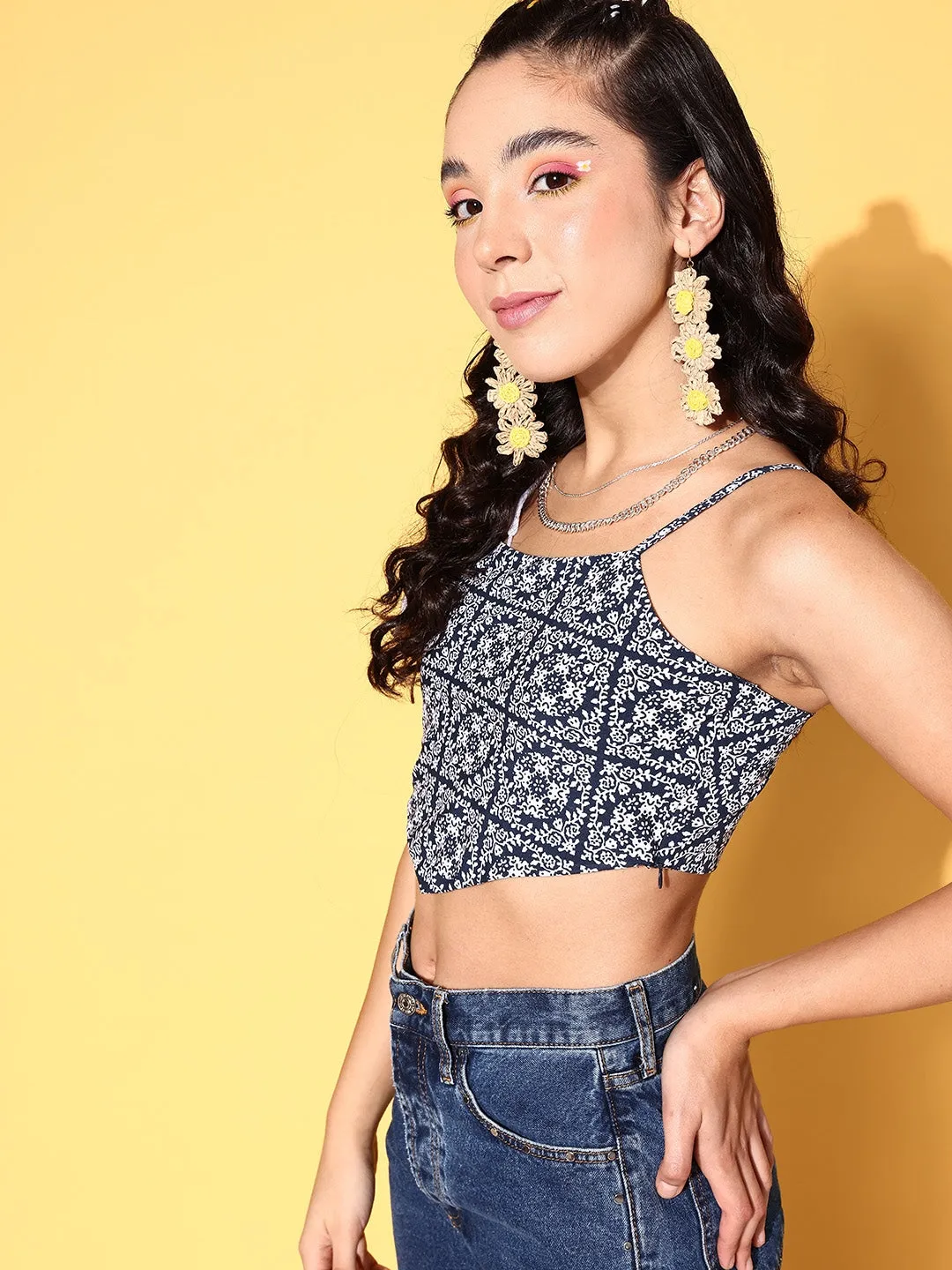 Berrylush Women Navy Blue & White Ethnic Printed Square Neck Crepe Crop Top