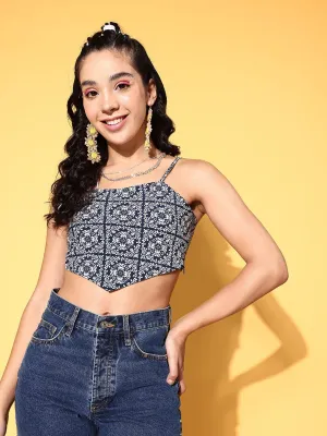 Berrylush Women Navy Blue & White Ethnic Printed Square Neck Crepe Crop Top