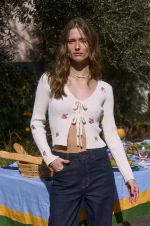 Blu Pepper Taylor Cardigan  Floral Embroidered Tie-Front Sweater