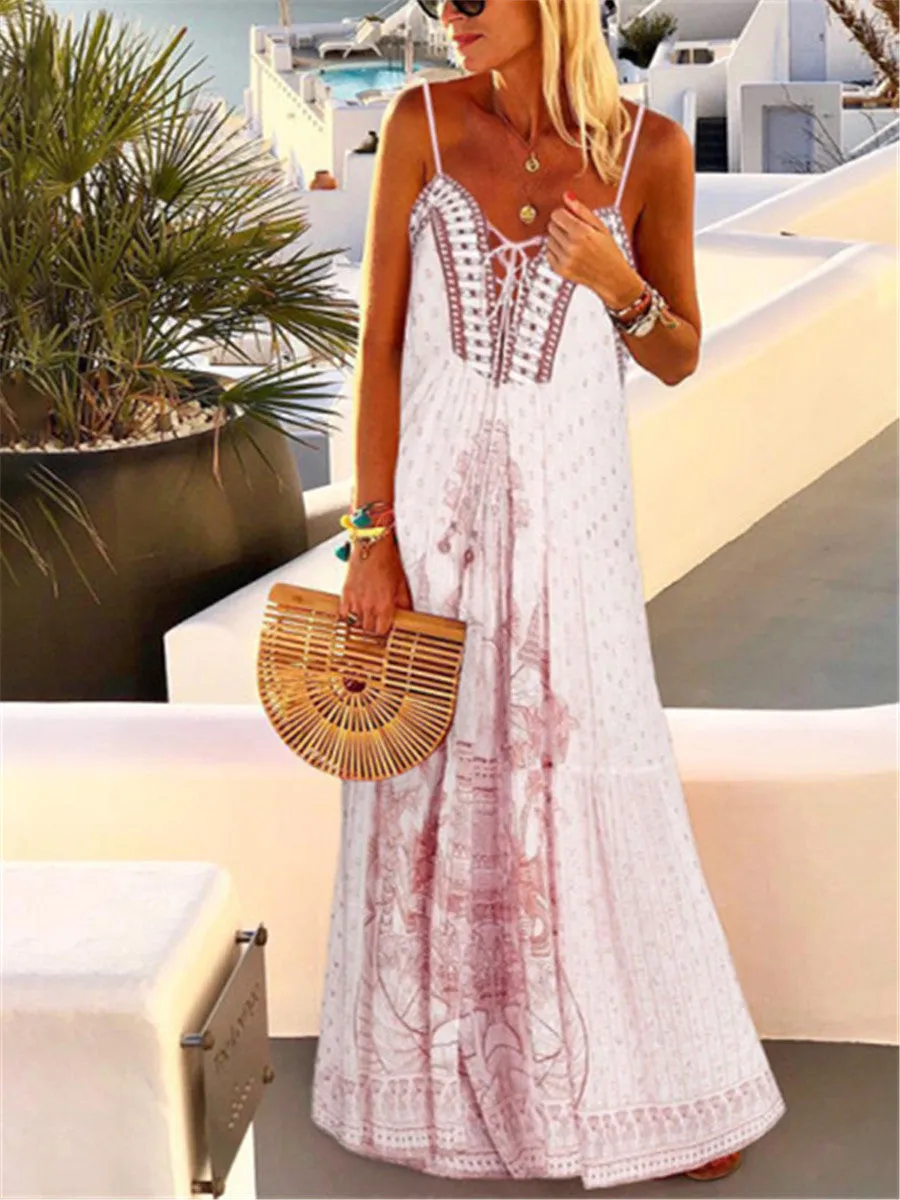 Bohemian Vintage V-Neck Loose Casual Suspender Dress