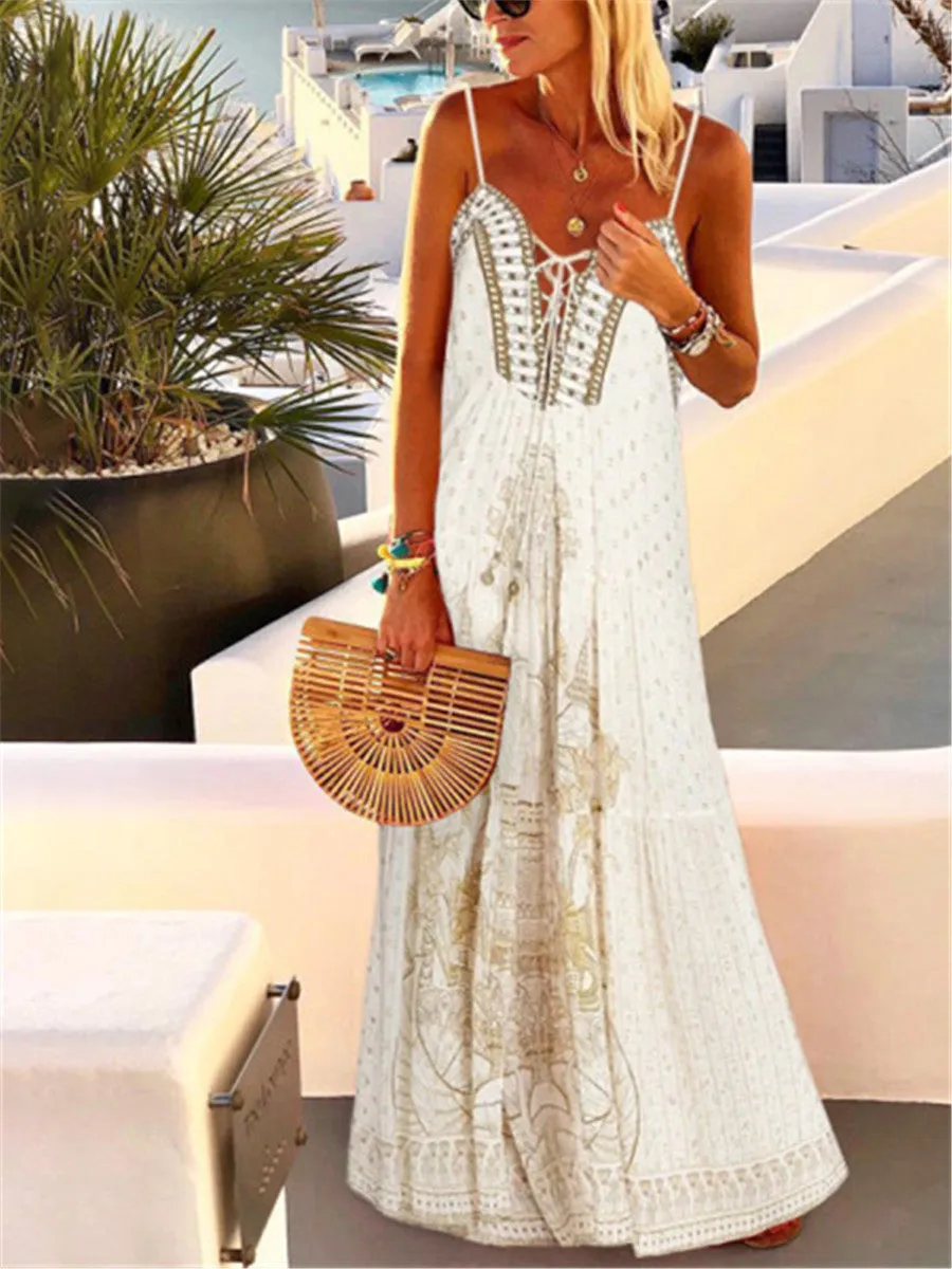 Bohemian Vintage V-Neck Loose Casual Suspender Dress