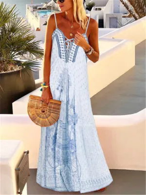 Bohemian Vintage V-Neck Loose Casual Suspender Dress