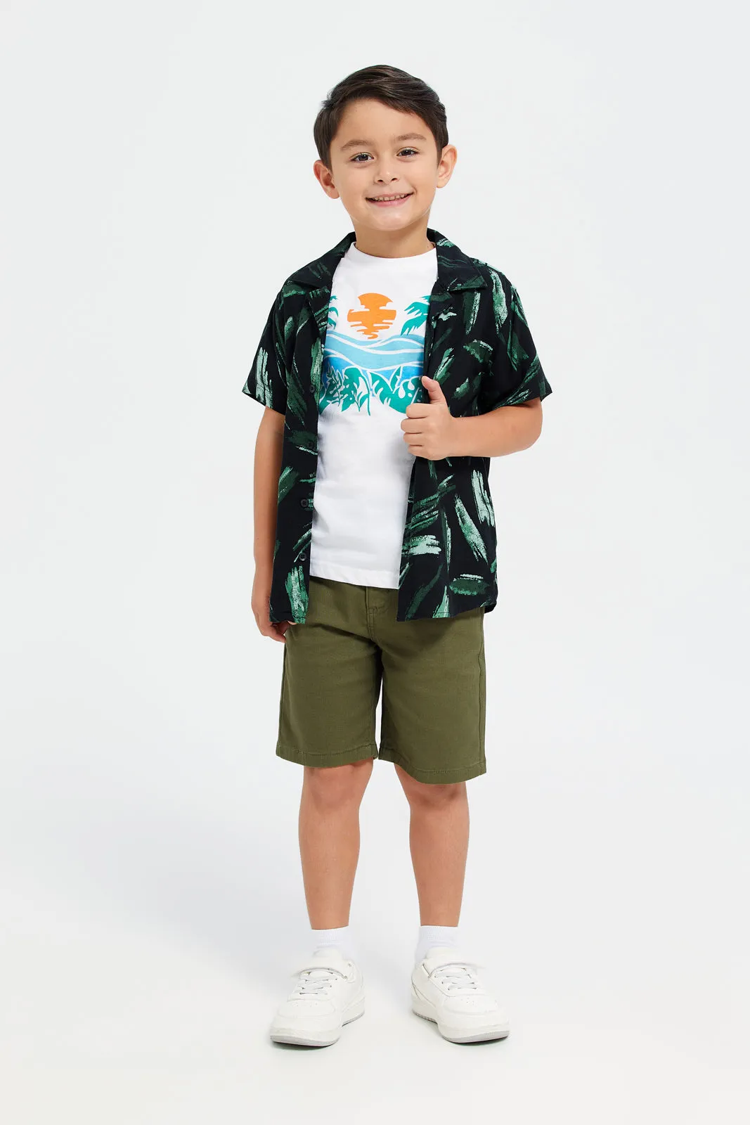 Boys Black And White Shirt With T-Shirt Set (2 Piece)