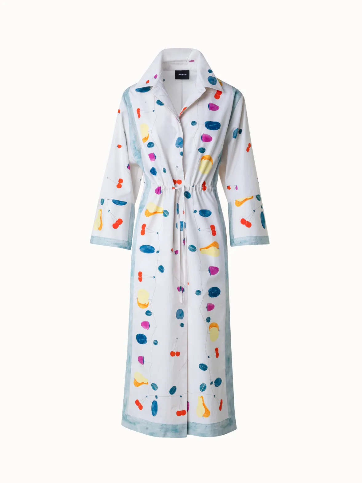 Cotton Midi Shirt Dress with Fruits Print