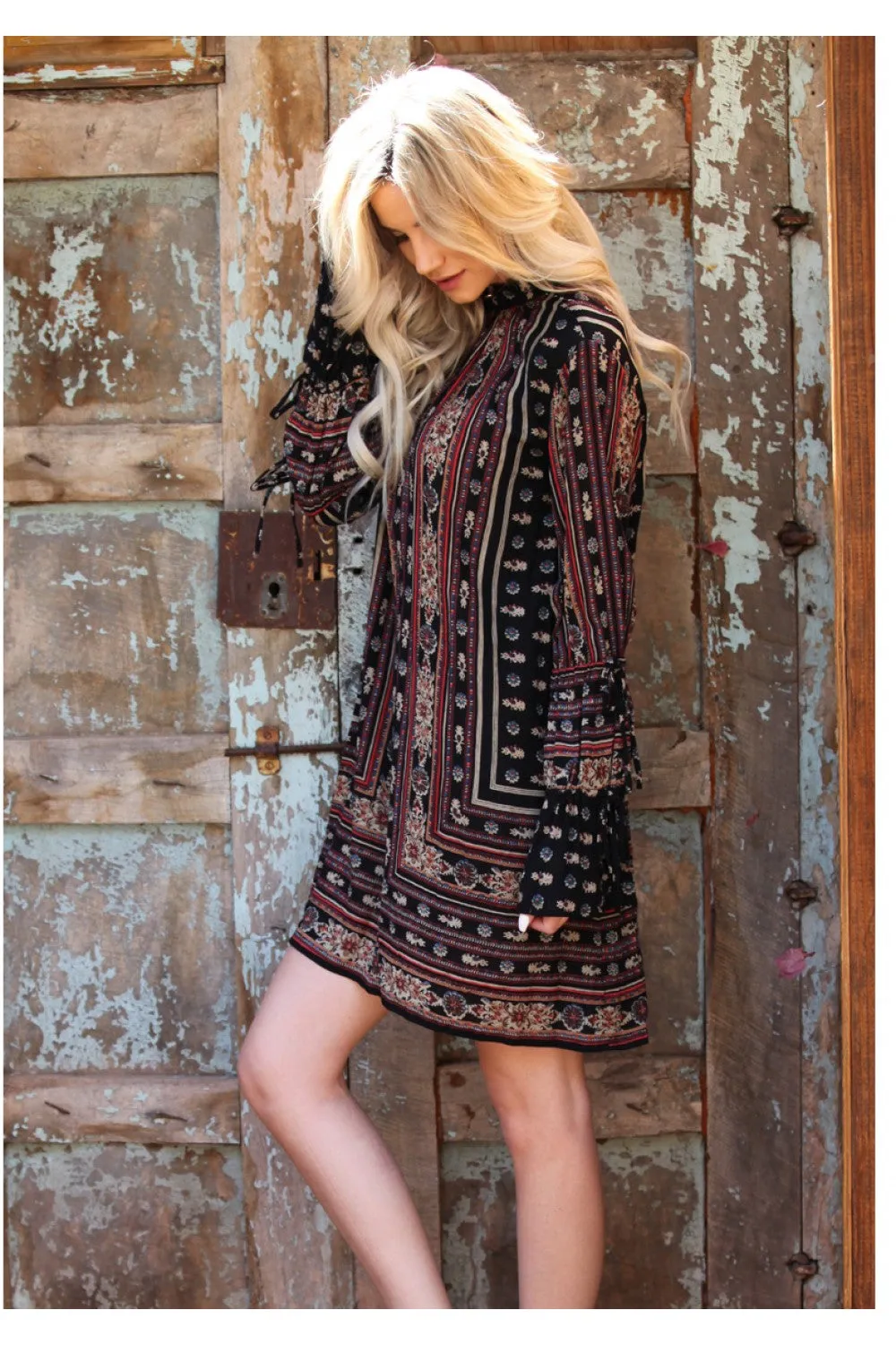Double Keyhole Tie Sleeve Dress, Black Mix