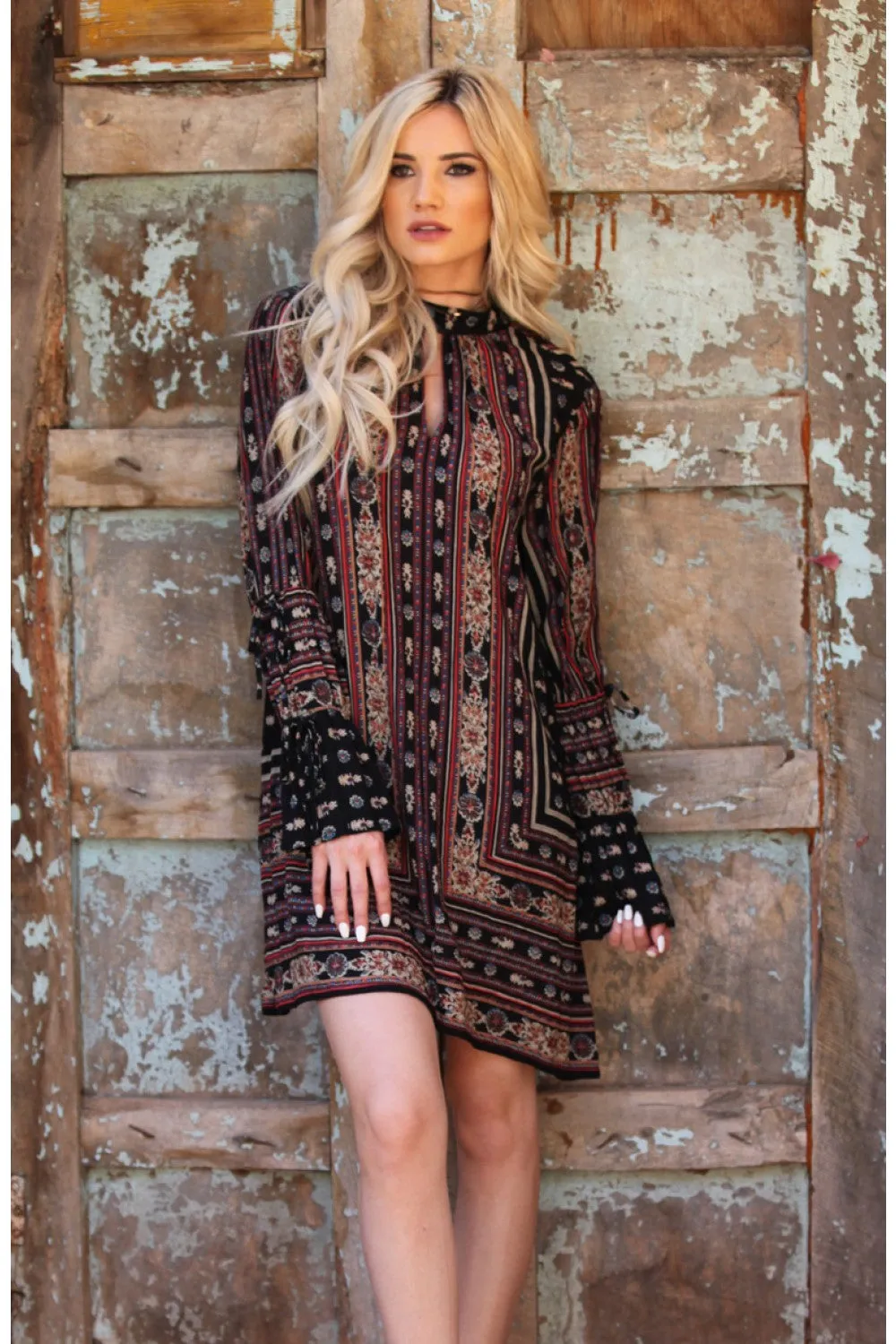 Double Keyhole Tie Sleeve Dress, Black Mix