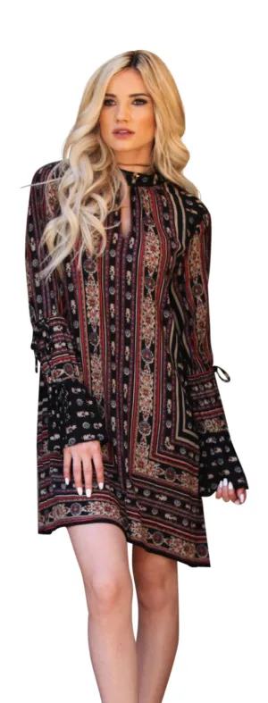 Double Keyhole Tie Sleeve Dress, Black Mix
