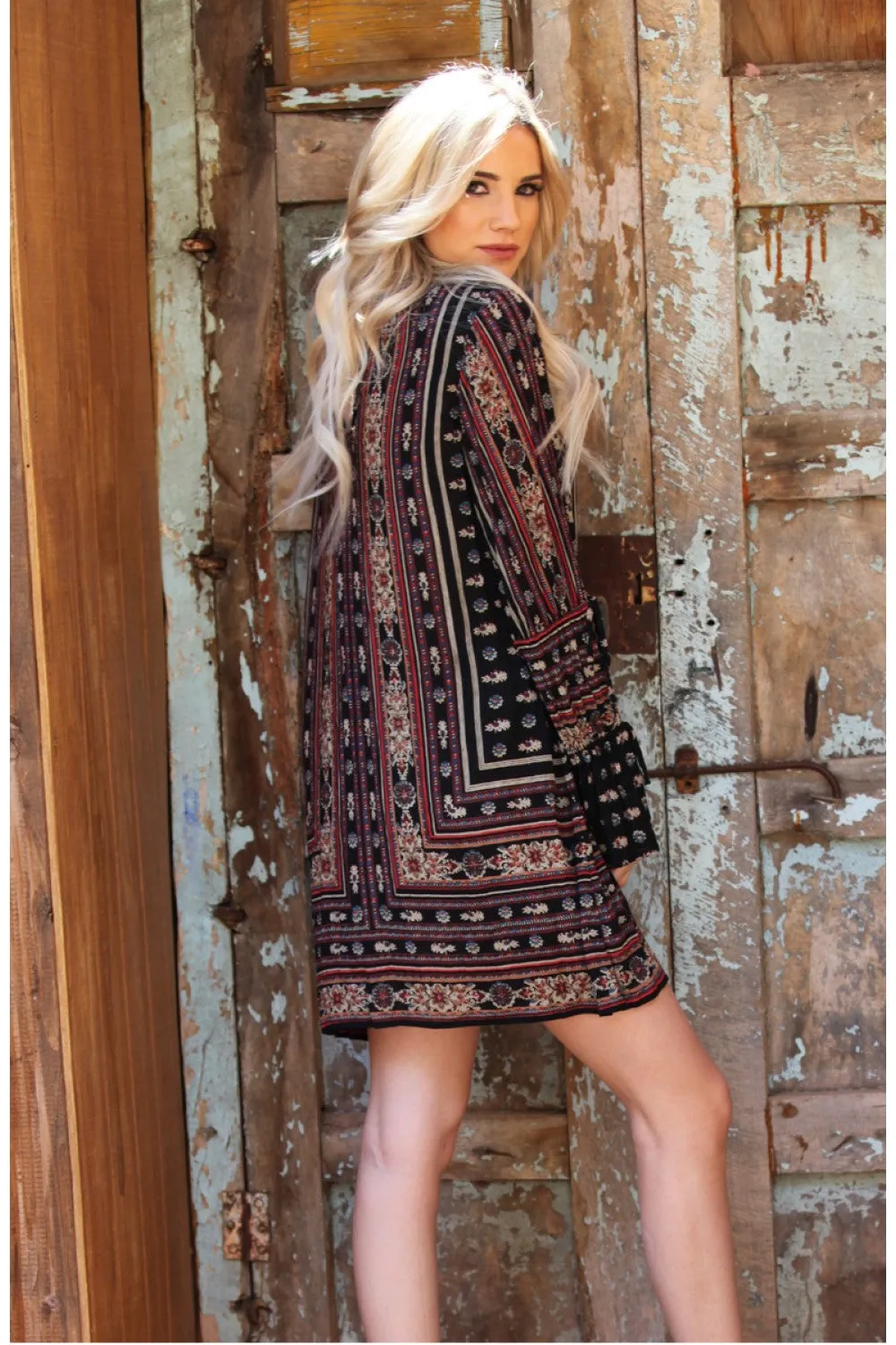 Double Keyhole Tie Sleeve Dress, Black Mix