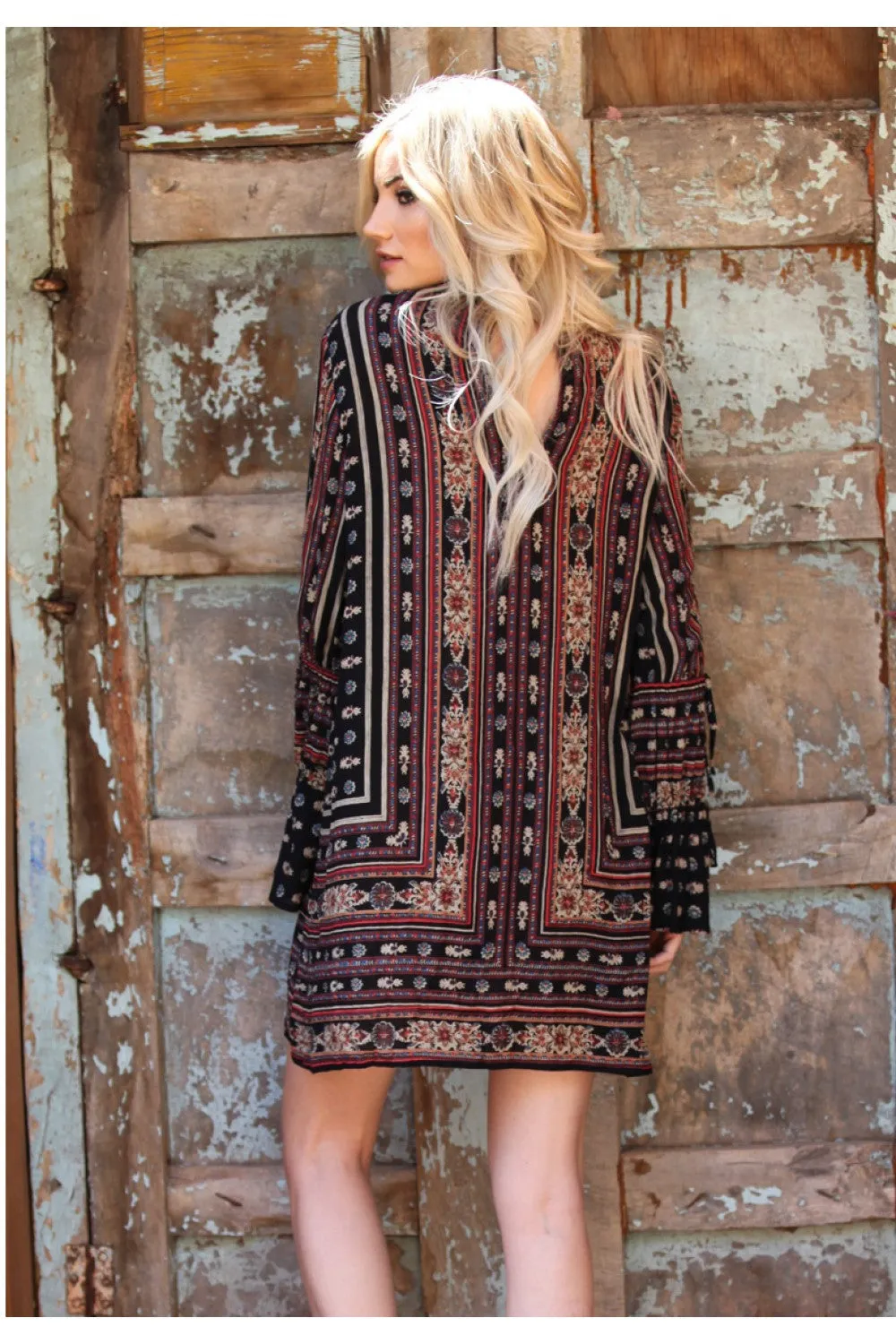 Double Keyhole Tie Sleeve Dress, Black Mix