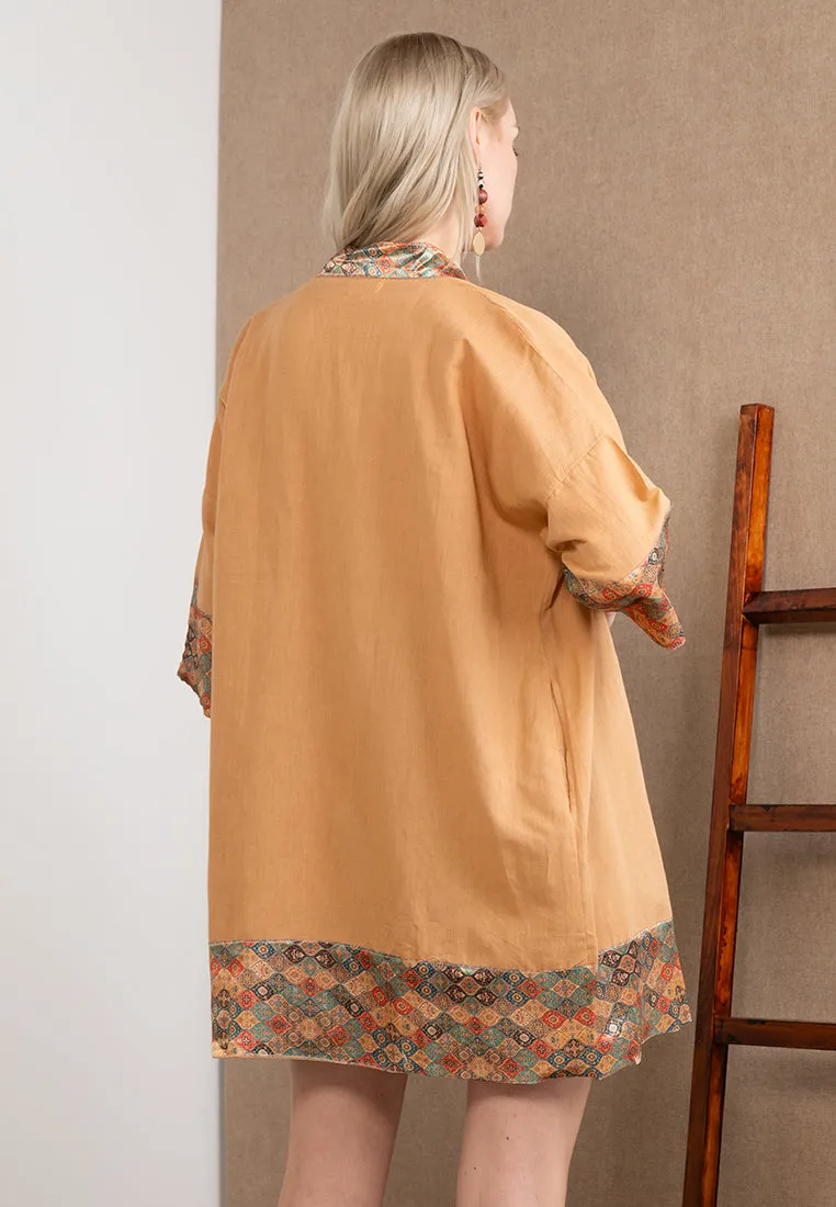 Embroidered Linen Kimono Brown