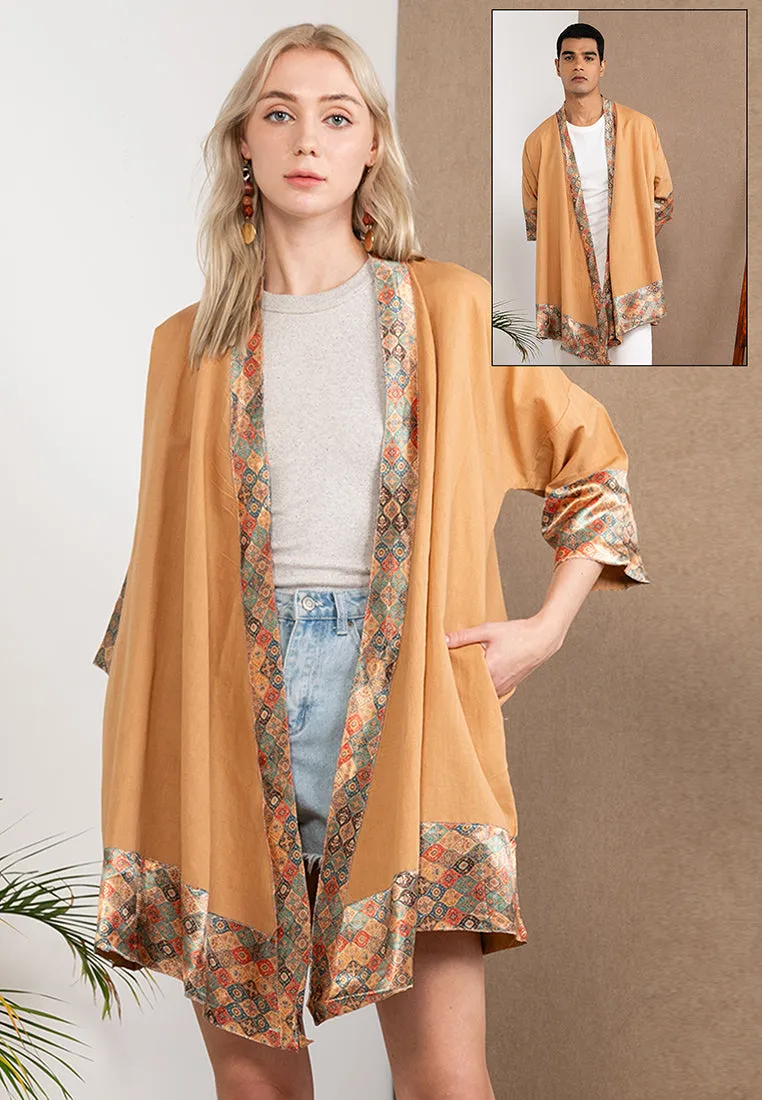 Embroidered Linen Kimono Brown