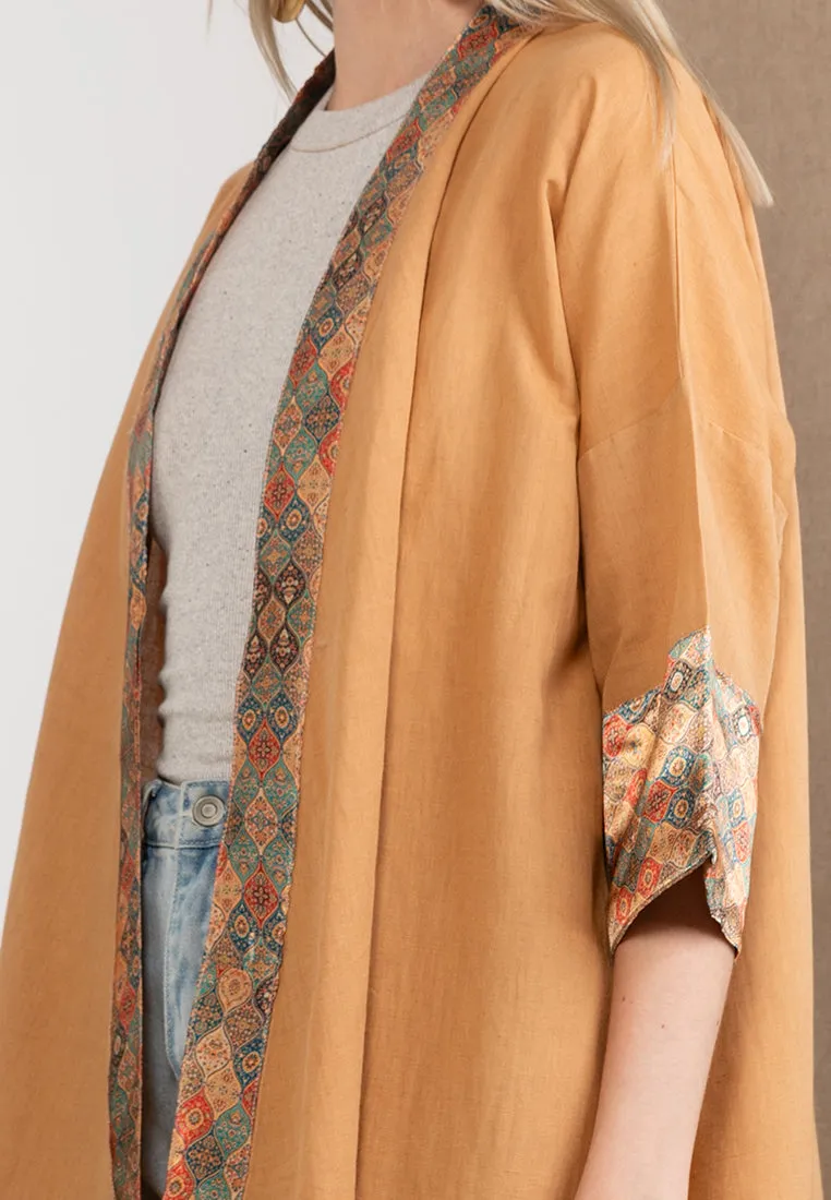 Embroidered Linen Kimono Brown
