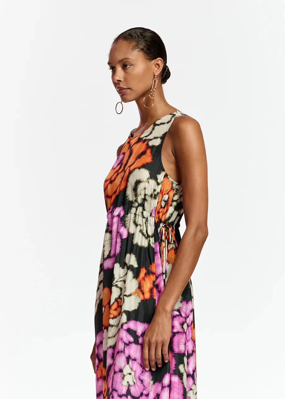 Essential Antwerp  Black/Orange/Ecru Silk Dress with Floral Print