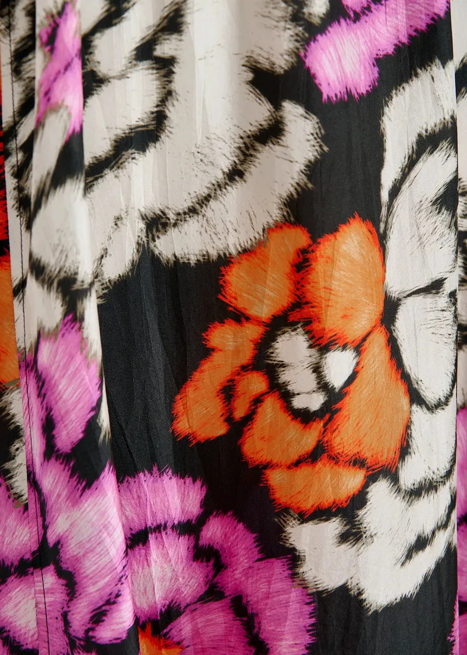 Essential Antwerp  Black/Orange/Ecru Silk Dress with Floral Print