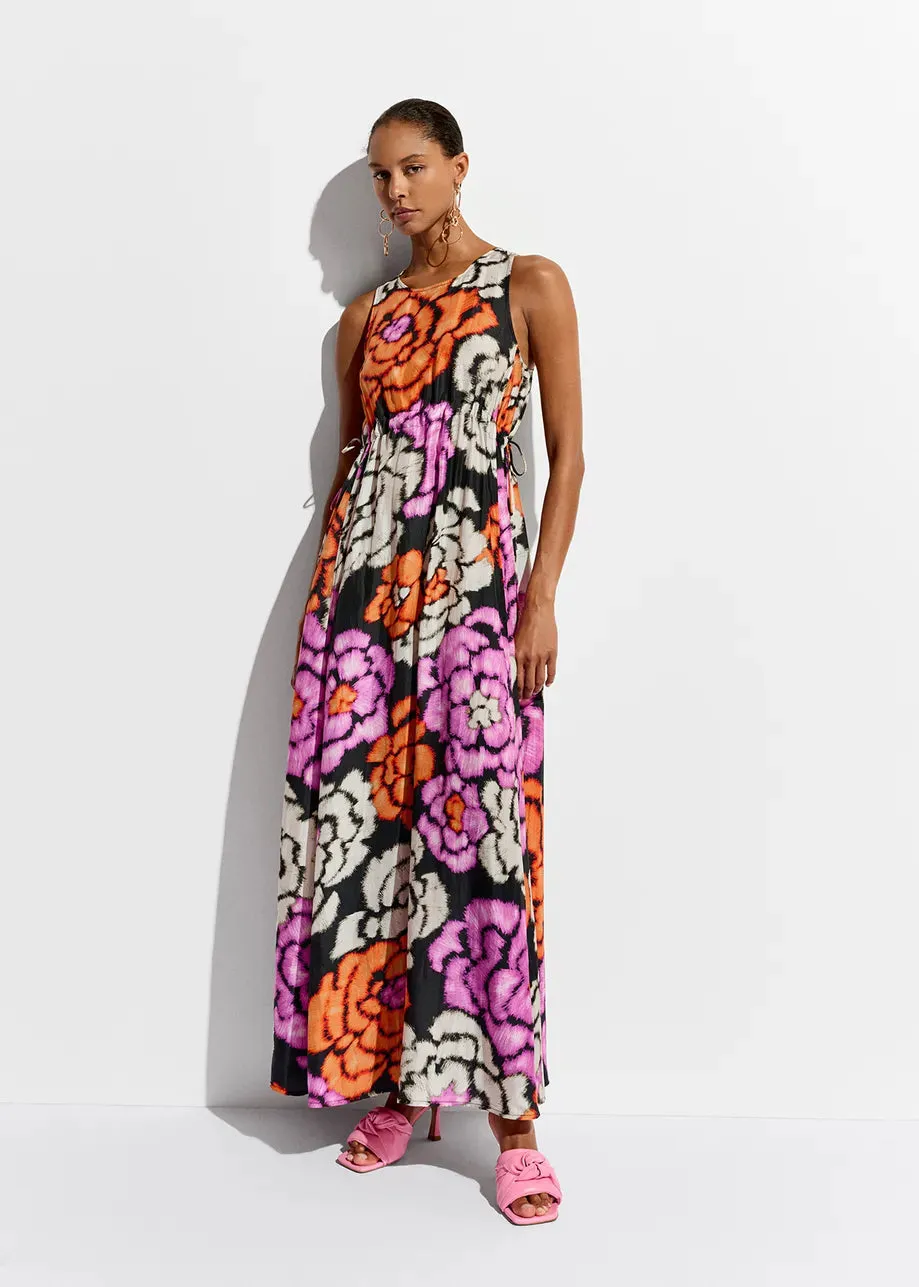 Essential Antwerp  Black/Orange/Ecru Silk Dress with Floral Print