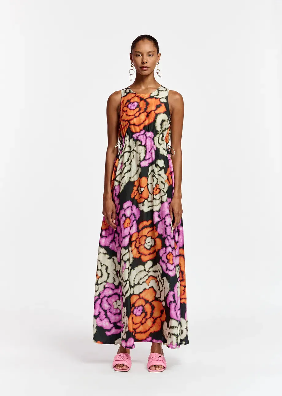 Essential Antwerp  Black/Orange/Ecru Silk Dress with Floral Print
