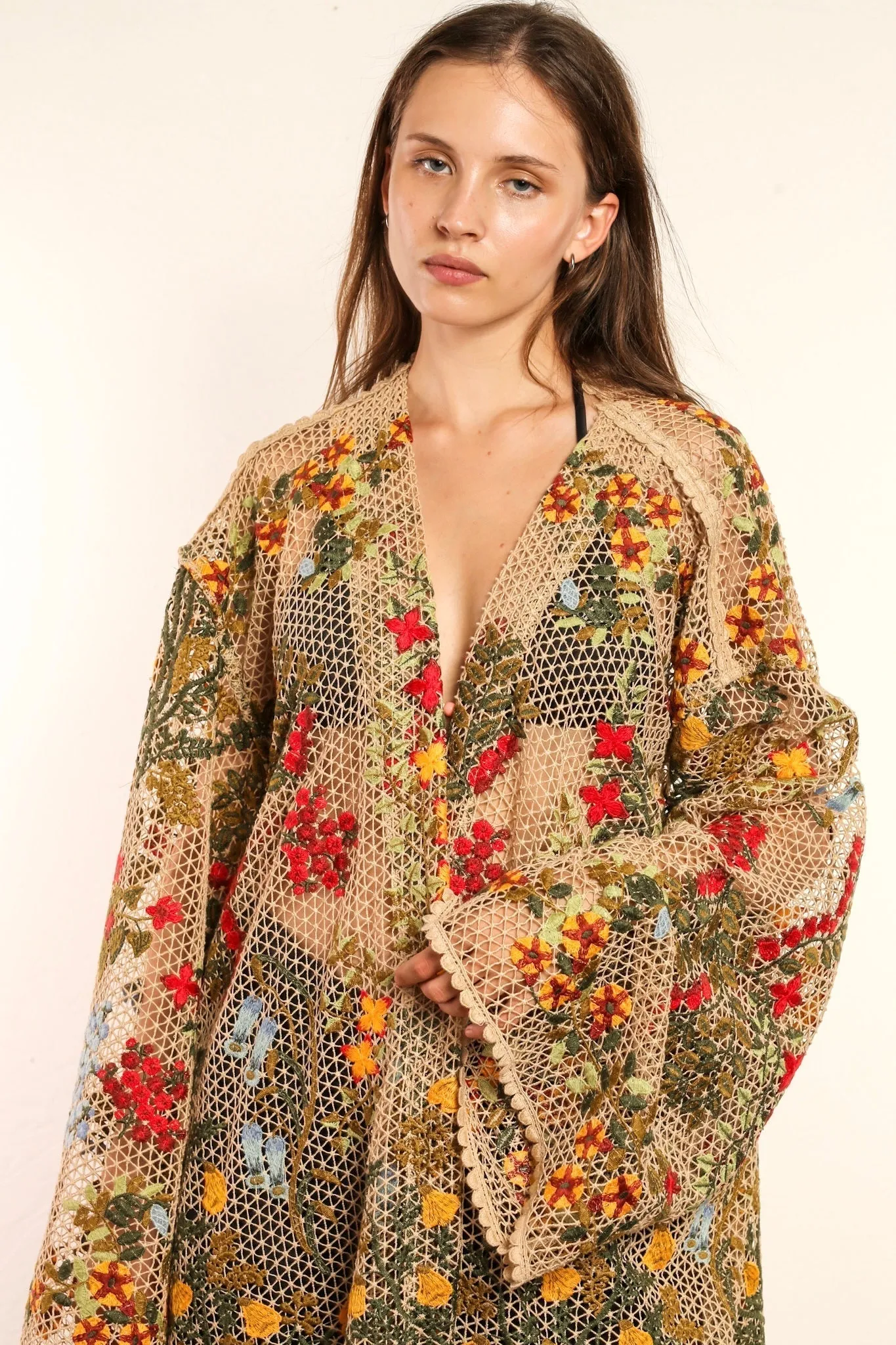 FLOWER COTTON LACE EMBROIDERED KIMONO