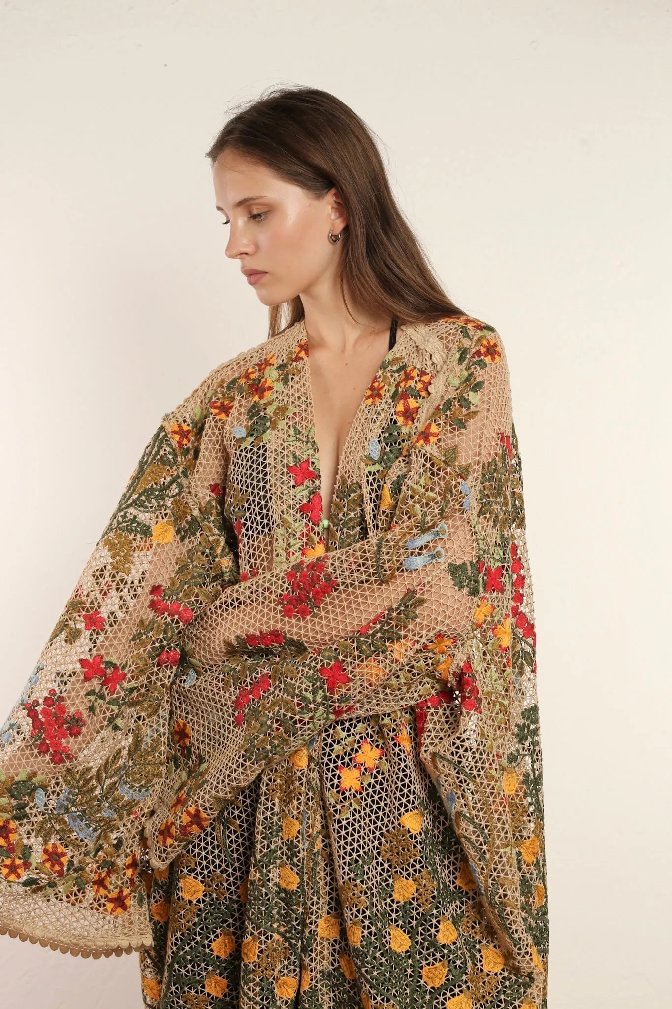 FLOWER COTTON LACE EMBROIDERED KIMONO