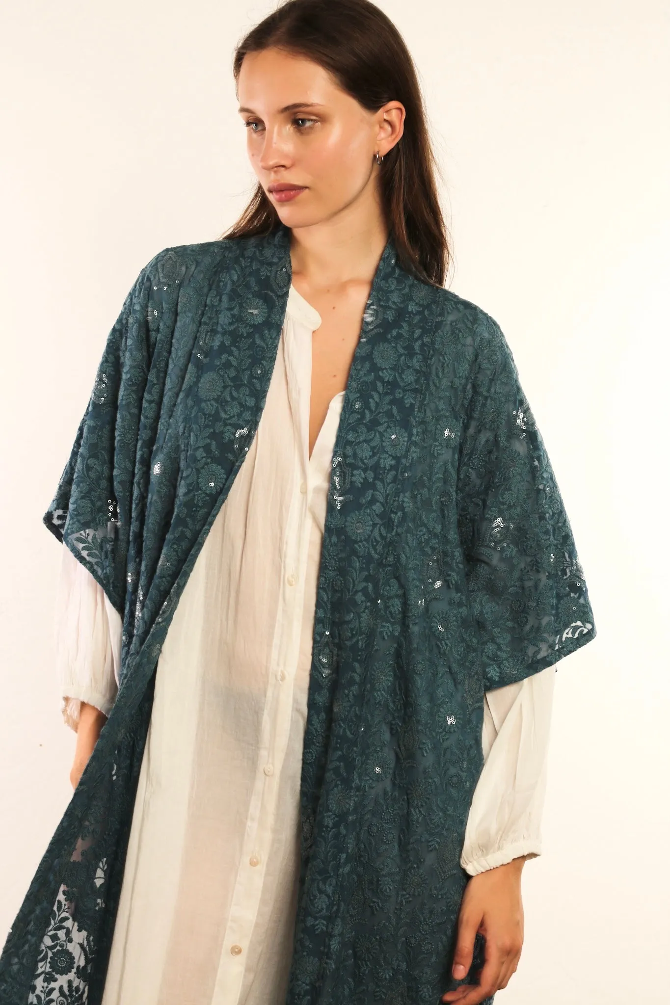 FLOWER EMERALD GREEN SILK KIMONO ISLA