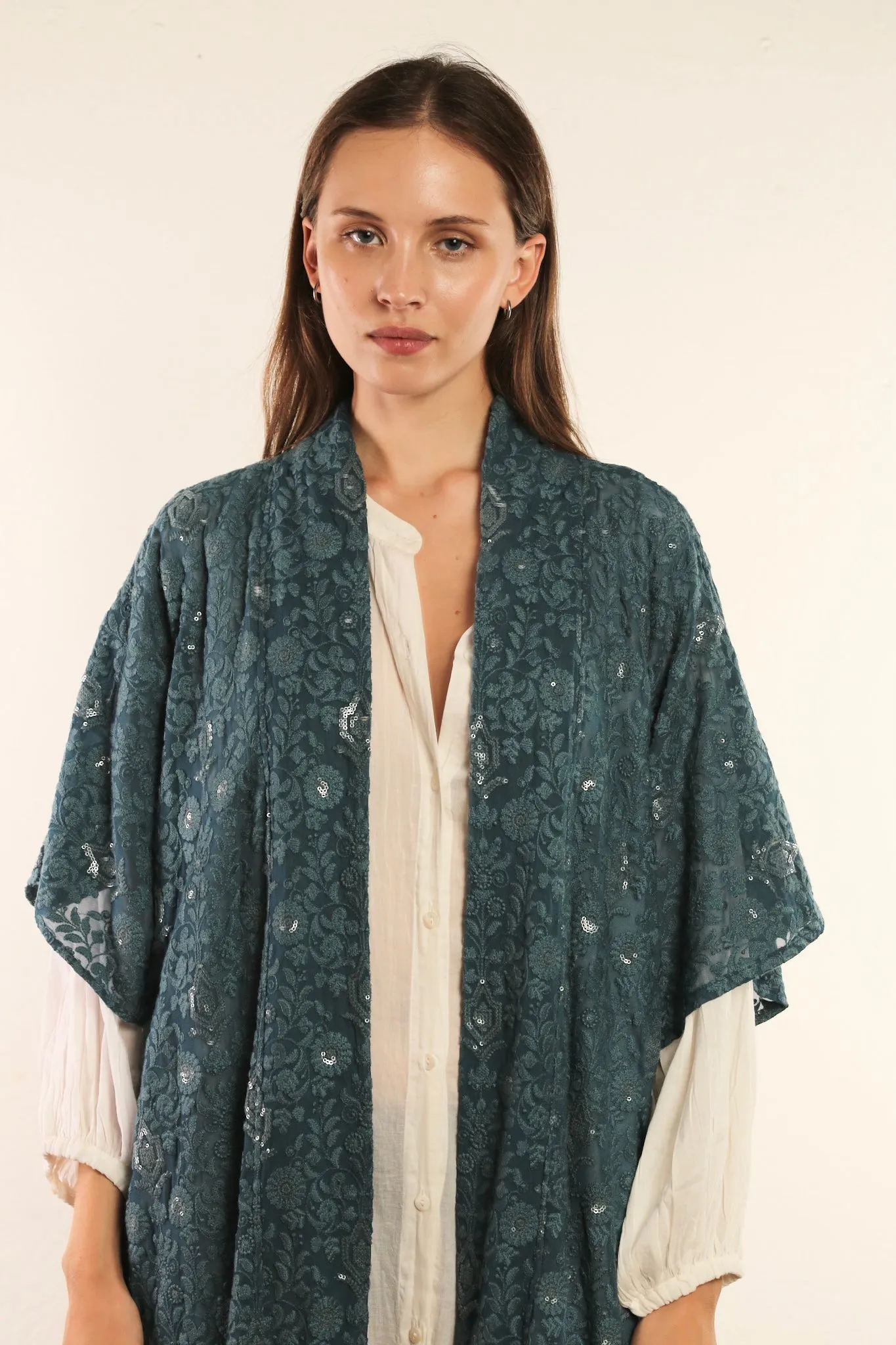 FLOWER EMERALD GREEN SILK KIMONO ISLA