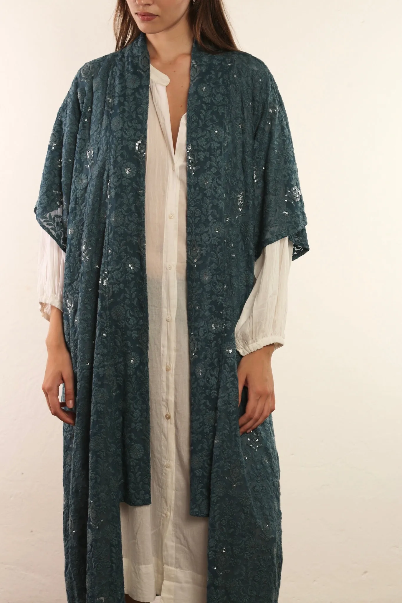 FLOWER EMERALD GREEN SILK KIMONO ISLA