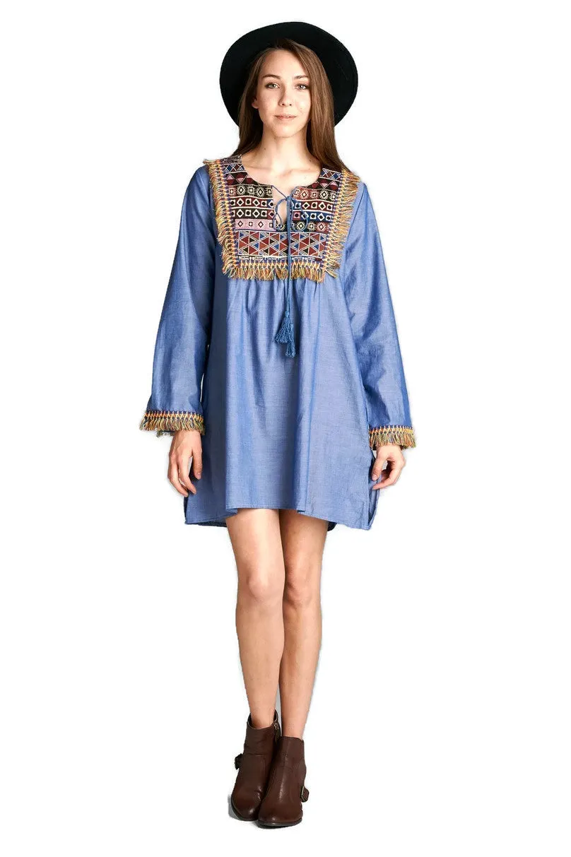 Fringe & Geometric Chambray Dress, Blue
