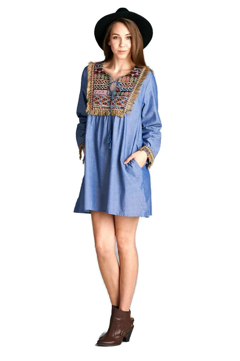Fringe & Geometric Chambray Dress, Blue