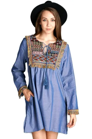 Fringe & Geometric Chambray Dress, Blue