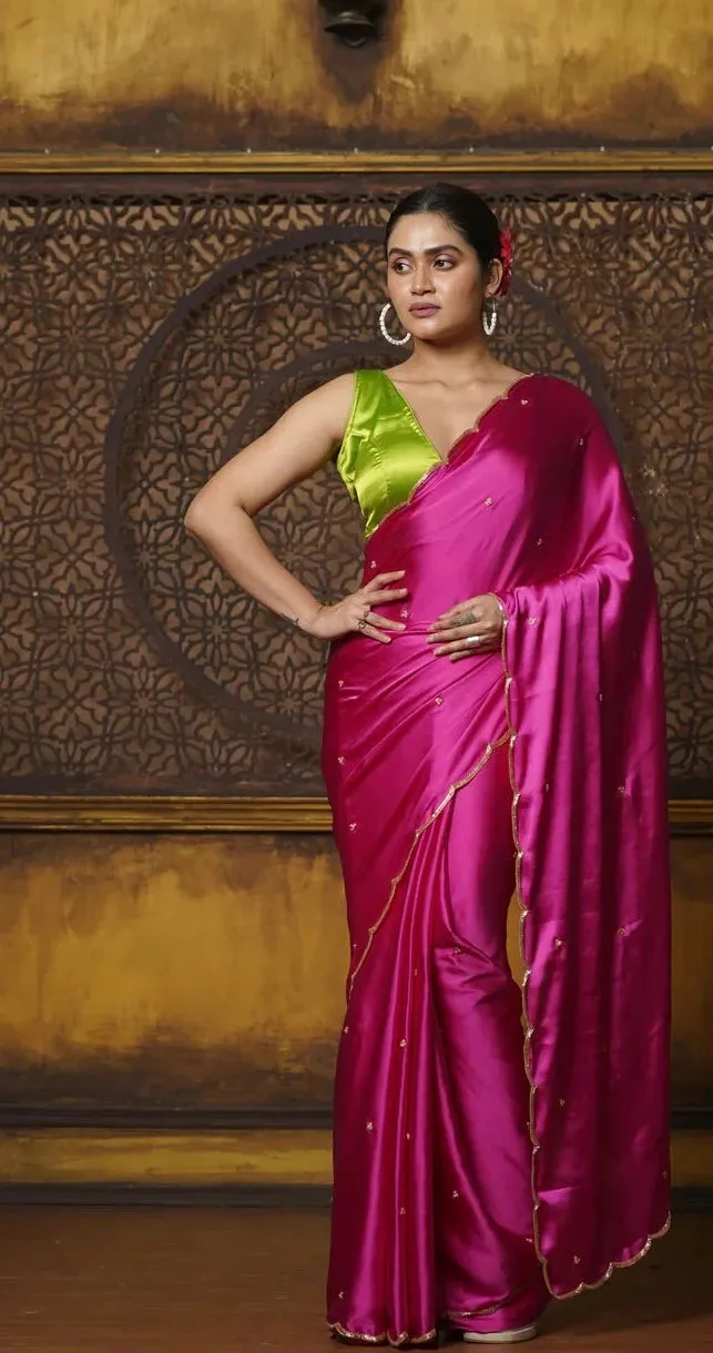 Hot Pink Satin Silk Saree With Hand Embroidered Scalloping