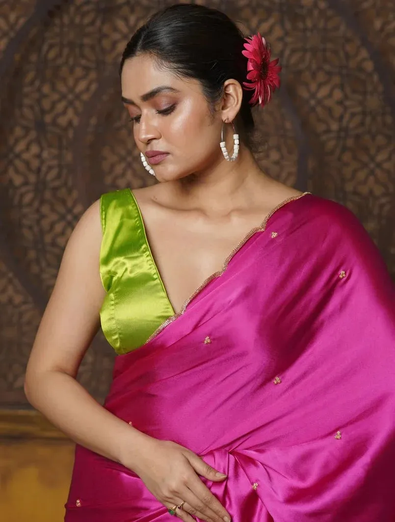 Hot Pink Satin Silk Saree With Hand Embroidered Scalloping