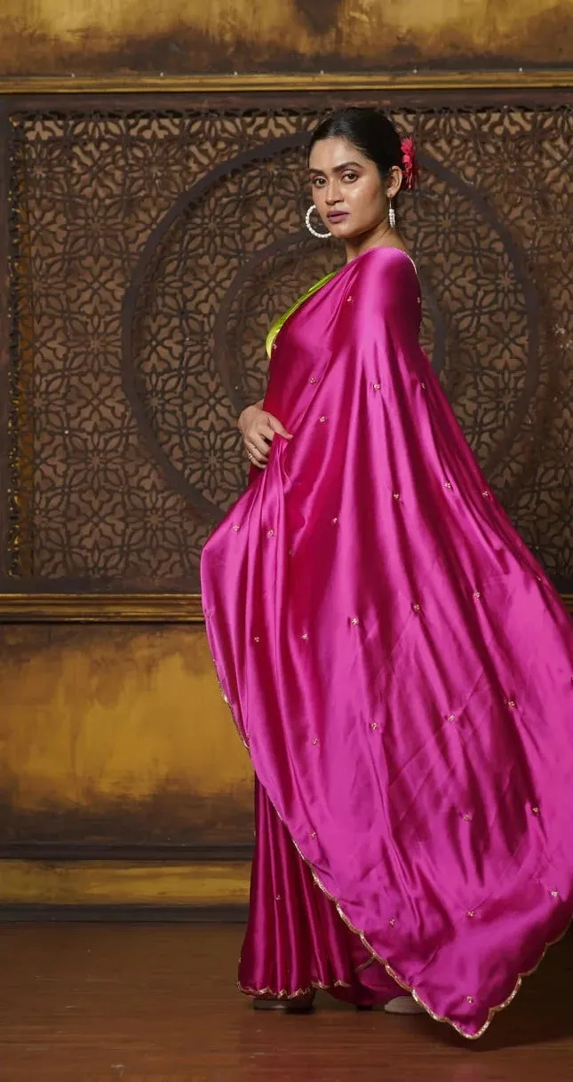 Hot Pink Satin Silk Saree With Hand Embroidered Scalloping