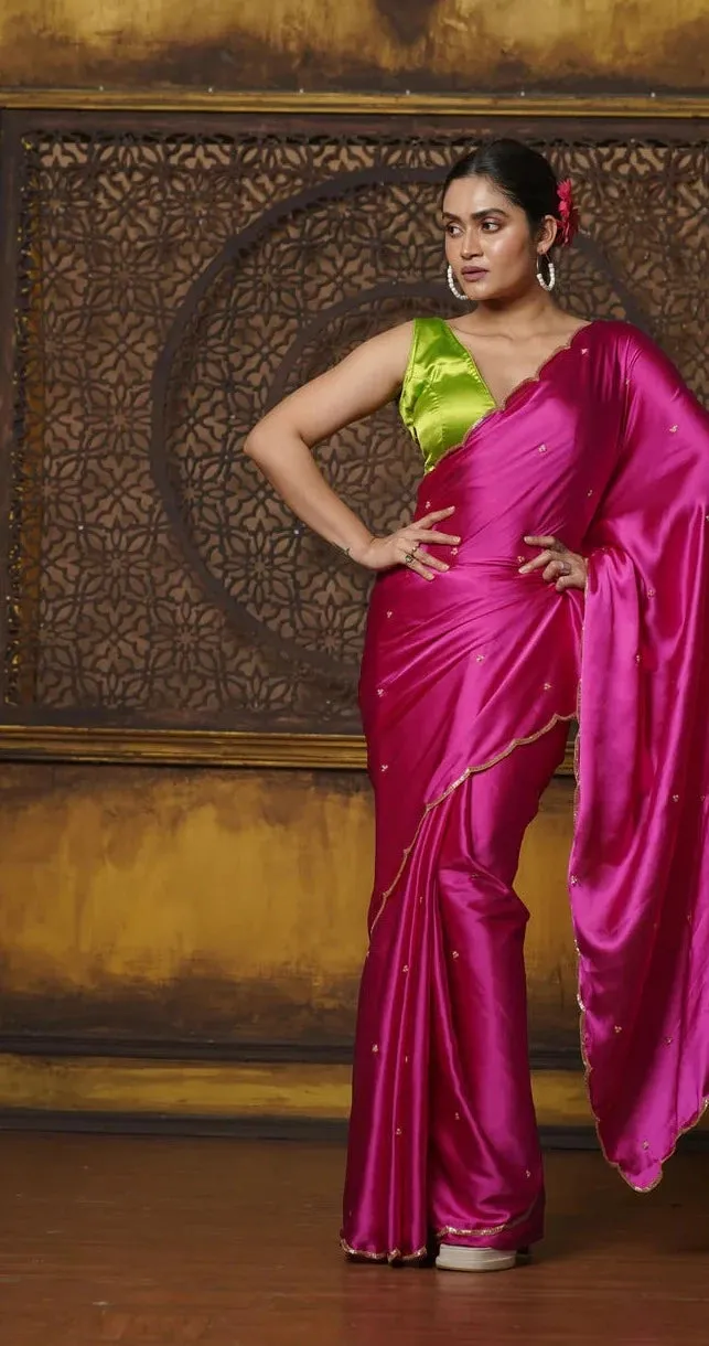 Hot Pink Satin Silk Saree With Hand Embroidered Scalloping